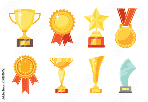 Collection of diverse trophy and award flat vector illustrations, showcasing winning achievements and recognition in various styles and forms