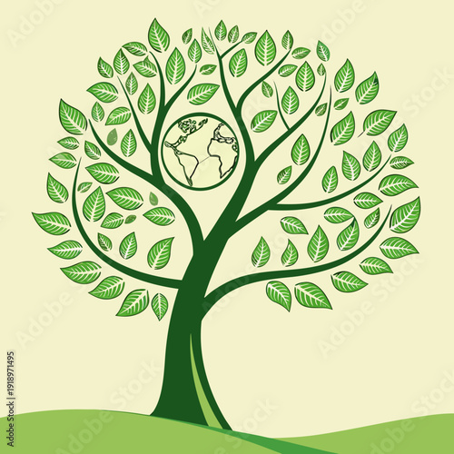 Green Tree with Globe Symbol. Earth Day Ecology and Environment Concept.