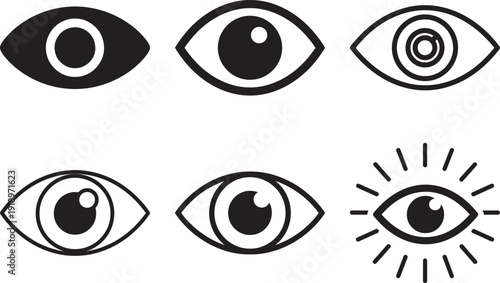 Human Eye Icon Set: Minimalist Silhouette Collection of Vision, Surveillance, Optometry, and Creative Insight Vector Symbols.