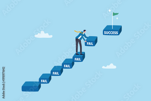 Fail to success, attempt or effort to overcome challenge and reach business goal, motivation or mistake to build stair to success, ambitious businessman try to build stair with fail to reach success.