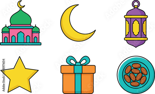 Islamic Quran illustration with rehal, prayer beads, crescent moon, lanterns, and ornate archway for Ramadan religious design themes