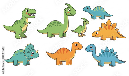 Cute Dinosaur Vector Set Prehistoric Reptiles Cartoon Collection Isolated