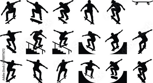 Skateboarder silhouettes performing tricks on ramp and stairs isolated on white background, extreme skateboarding sport action illustration collection