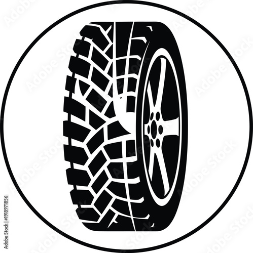 Car tire and alloy wheel rim icon with detailed tread pattern in circular frame for automotive service garage and transport industry