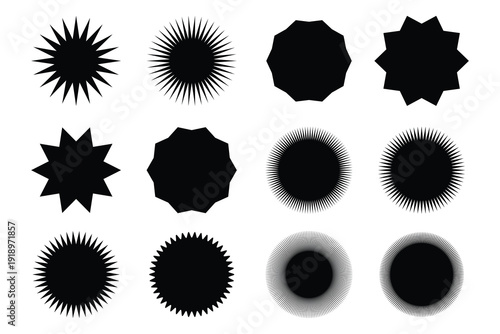 Large Set of Black Starburst and Sunburst Seal Icons Vector Shapes for Sale Badges Marketing Stickers Price Tags and Promotional Offer Graphics.