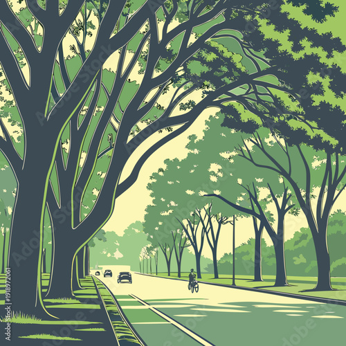 Lush Tree Lined Avenue with Cars and Cyclist, Sunny Day Vibe