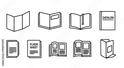 Brochure flat line icon set black vector