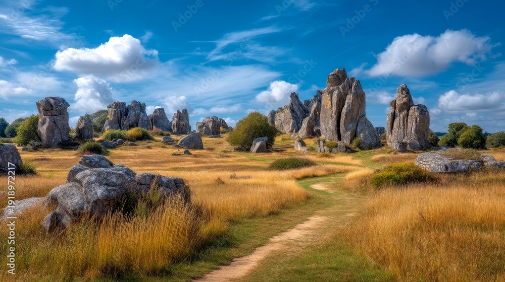 Fototapeta premium Breathtaking rocky landscape under a clear blue sky. Natural formations tower above golden grass. A winding path invites exploration and adventure. Perfect for posters and travel blogs. AI