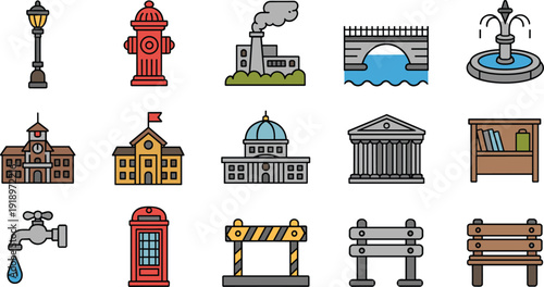Cartoon Urban Infrastructure Icons Set, Street Lamp, Fire Hydrant, Factory, Bridge, Buildings and Public City Elements Collection