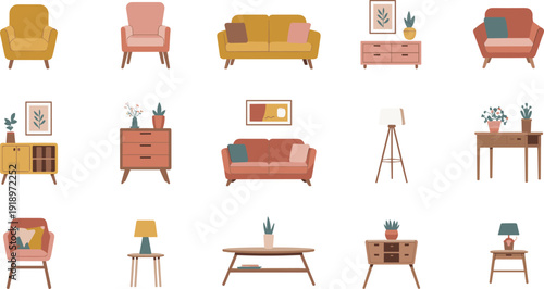 Flat Minimalist Living Room Furniture Illustration Set, Modern Sofa, Armchair, Cabinet, Table, Lamp and Home Decor Collection
