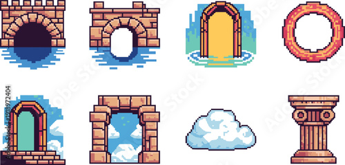 Pixel Art Fantasy Architecture Icons Set, Stone Archway, Portal, Column, Bridge and Magic Ring Game Assets
