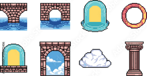 Pixel Art Fantasy Architecture Icons Set, Stone Bridge, Magic Portal, Archway, Column and Retro Game Assets