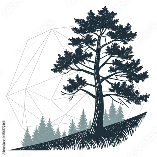 Lone Pine Tree on Abstract Geometric Background, Nature Art