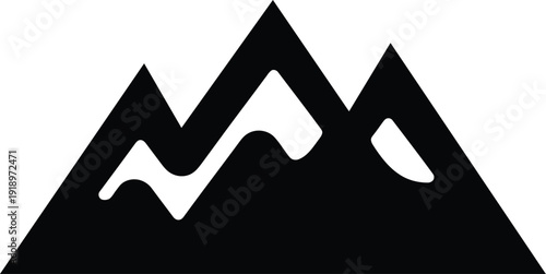 Black mountain range silhouette isolated on white background, snowy peaks landscape icon, natural travel and outdoor adventure tourism design element.