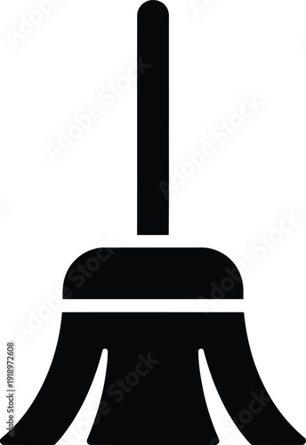 Black broom silhouette isolated on white background, household cleaning tool icon, manual floor sweeper for home maintenance and janitorial services.