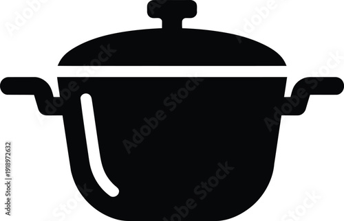 Black kitchen cooking pot silhouette isolated on white background, stainless steel saucepan icon with lid, culinary equipment for restaurant design.