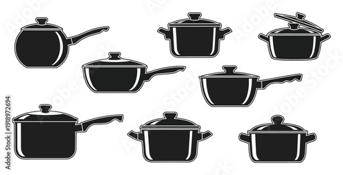 Collection of Black Silhouettes of Cooking Pots and Pans with Lids