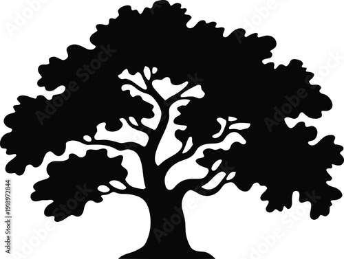 oak tree silhouette isolated on white background, decorative garden plant icon, natural forest element for landscape design and environmental projects.
