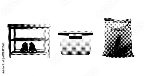 Black and white dot art of shoes on rack, storage box, and bag