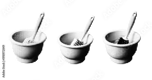 Halftone art of three mortar and pestle sets with different ingredients