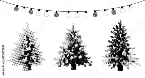 Abstract halftone christmas trees with string lights decoration in black and white