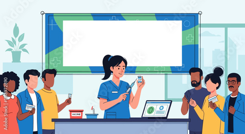 Medical professional administering vaccination to diverse group in clinic setting illustration