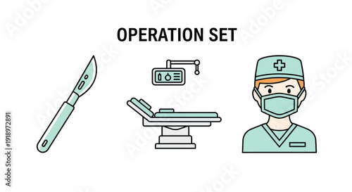Medical operation set equipment instruments and professional personnel illustration