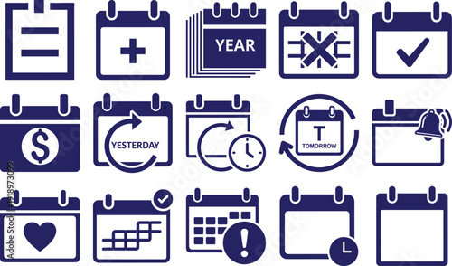 Calendar and Event Planning Icon Set: Minimalist Silhouette Collection of Scheduling, Deadlines, Appointments, and Time Management Vectors.