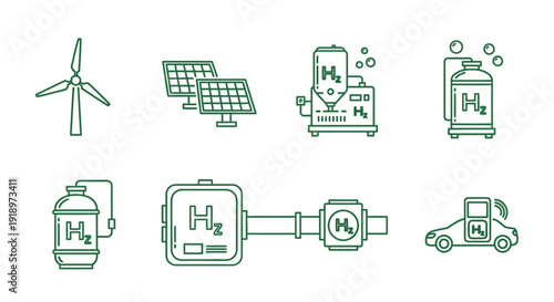 Hydrogen Energy and Renewable Power Line Icons