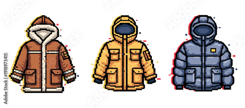 Stylish pixel art winter coats: brown shearling, yellow parka, blue puffer. Not editable stroke
