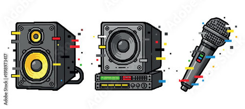 Colorful pixelated audio equipment: speakers and microphone illustration. Not editable stroke