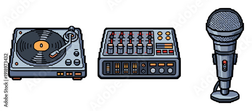 Vintage dj equipment: turntable, mixer, and microphone icons. Not editable stroke