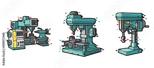 Digital art of industrial machines: milling and drilling equipment in stylized illustration. Not editable stroke