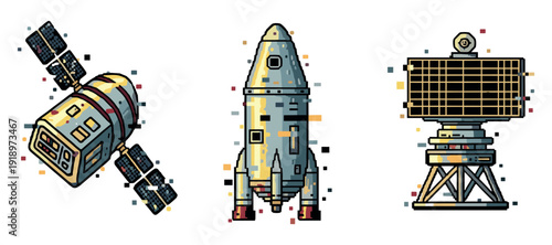 Spacecraft, rocket, and radar: pixel art of space exploration technology. Not editable stroke