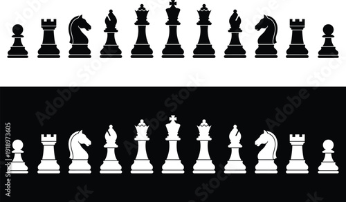 Complete Black and White Chess Pieces Silhouette Set