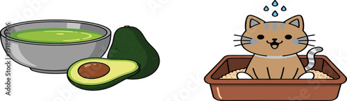 Cute Cat Using Litter Box and Fresh Avocado Bowl Illustration Vector Set Isolated on White Background for Pet and Food Design