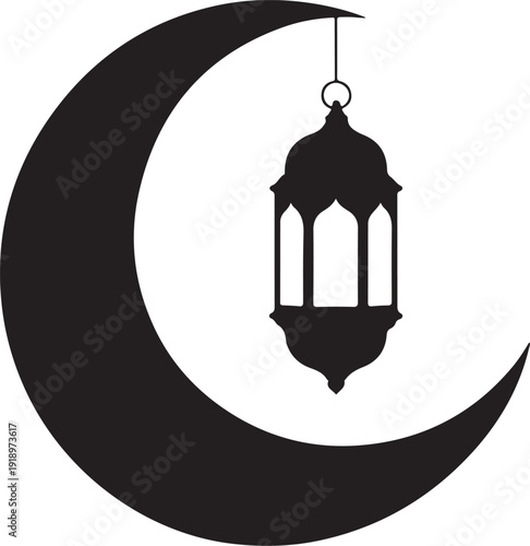 Islamic crescent moon icons with hanging lanterns,arabic lantern elements black clipart silhouette vector illustration
