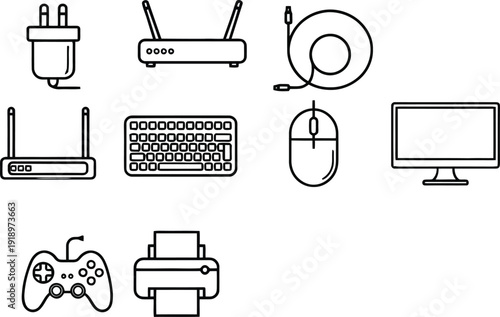 Set of 8 technology icons vector, line style