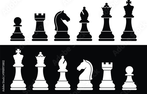 Black and White Chess Pieces Silhouette Collection Set