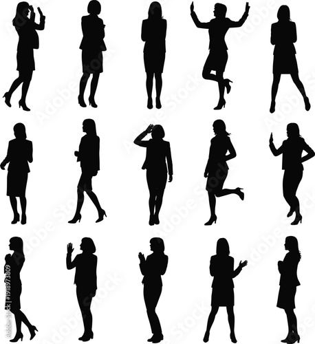Businesswoman silhouette set featuring professional female poses in corporate attire, isolated on white background for modern office concepts