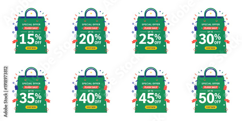 A promotional sale advertisement featuring a set of shopping bags with various discount labels under flash advertising for a business promotion.