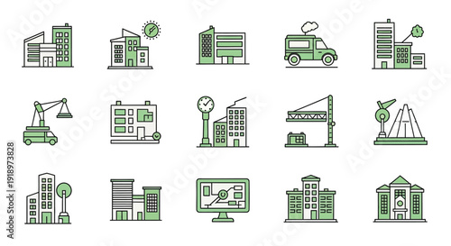 Industrial Buildings and Construction Line Icon Set