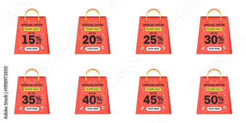 Business Sale Promotion Set with Discount Labels and Flash Advertising on Shopping Bags