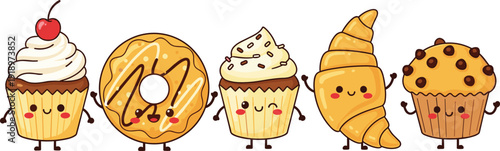 Kawaii baked goods cartoon illustration. Cute cupcake, donut, croissant and muffin characters with happy faces. Playful dessert design isolated on white background.