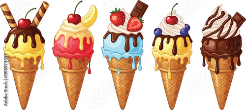 Colorful ice cream cone illustration set. Five decorative waffle cones with fruit and chocolate toppings. Cartoon style dessert design isolated on white background.