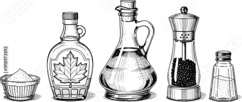 Kitchen condiment line art illustration. Maple syrup, oil bottle, pepper mill and salt shaker in detailed ink sketch style. Black and white vintage design isolated on white background.