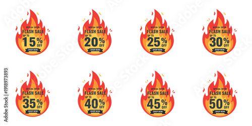 A set of promotional labels with flash sale discounts ranging from 15% to 50% off for business advertising