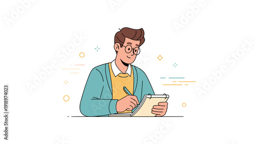 Illustration of a young caucasian male writing on a clipboard with glasses