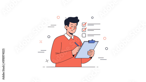Young caucasian male checking checklist on clipboard illustration