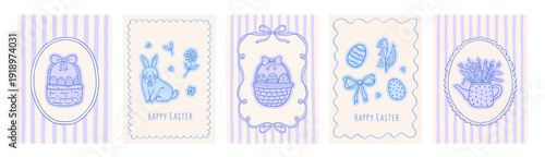Set of coquette greeting cards or poster for Happy Easter. Hand drawn whimsical line frames with bows and ribbons. Cute stickers, bunny, adorable flowers and leaves, basket, eggs. Vector illustration.